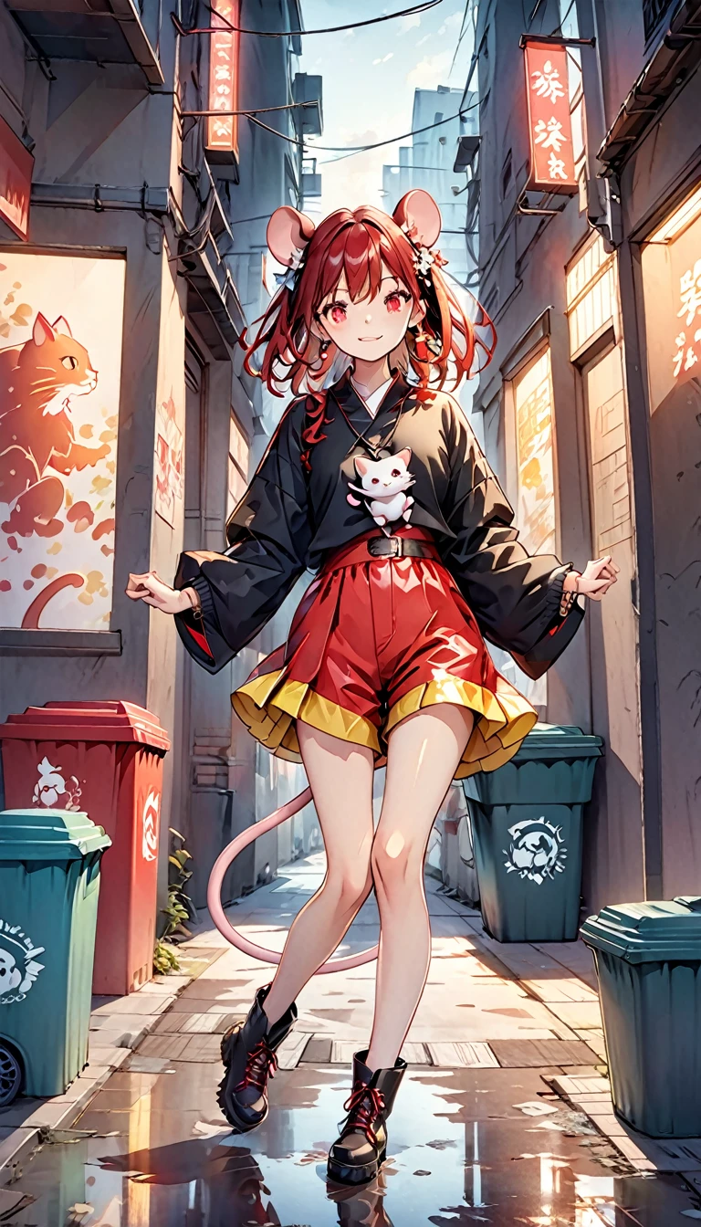Appearance (Updated)

	1.	Face and Hair:
	•	Face: Cute with a slightly mischievous expression.
	•	Hair: Silver or gray, either short or long with a fluffy style.
	2.	Ears and Tail:
	•	Ears: Human ears, with mouse-inspired hair accessories or earrings.
	•	Tail: None. Instead, use mouse-tail-inspired accessories on the waist or bag.
	3.	eyes:
	•	Color: Red. Large and expressive.

Outfit (Updated)

	1.	Top:
	•	Design: Black base with an illustration in yellow and red symbolizing a mouse’s victory over a cat.
	2.	Bottoms:
	•	Color: Metallic-colored shorts.
	3.	Footwear:
	•	Design: Slim, comfortable boots.
	4.	Accessories:
	•	Belt, bracelet, or necklace with mouse motifs. Small cheese or mouse designs as accents.

Background and Situation

	•	Background: Alley in a night-time city. Neon lights reflect off the walls, with graffiti and trash cans adding to the urban feel. A shadowy cat figure in the background hints at the mouse’s victory.
	•	Situation: The character is striking a triumphant pose. One foot on a trash can, holding a small flag or trophy, symbolizing victory.

Illustration Effects

	•	Light Effects: Use reflections and shadows from neon lights to highlight the character’s outline, especially emphasizing the red eyes with highlights.
	•	Dynamic Pose: Create a sense of movement with the character’s pose, showing them proud and active. Hair and clothes should flow to enhance the dynamic feel.
	•	Color Contrast: The black top with yellow and red illustration should stand out against the neon background, making the character pop.
	•	Texture: Realistically depict the metallic shorts and boots, focusing on the shine and reflection to give a premium look.

Combine these elements to create an engaging and memorable illustration.Concept Art、Fluorescent color、vivid、stylish