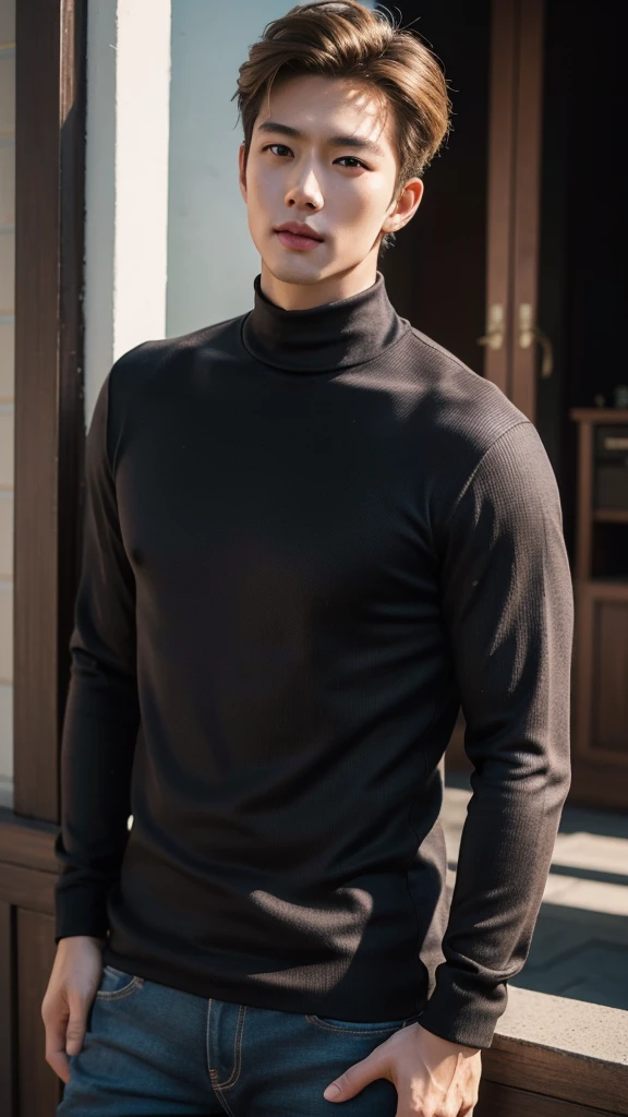 (realistic, คุณภาพhigh: 1.3) Handsome Asian man, high, Turtleneck, Skinny jeans, photography, Dutch corner, outdoor, Hair style up, hair dyed blonde