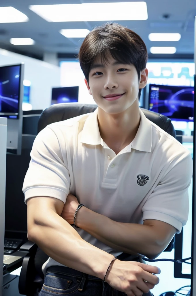((realistic daylight)) , (Young Korean man in a polo shirt) , Jeans, A handsome, muscular young Asian man looks at the camera. , In a computer shop ,turn sideways, smile