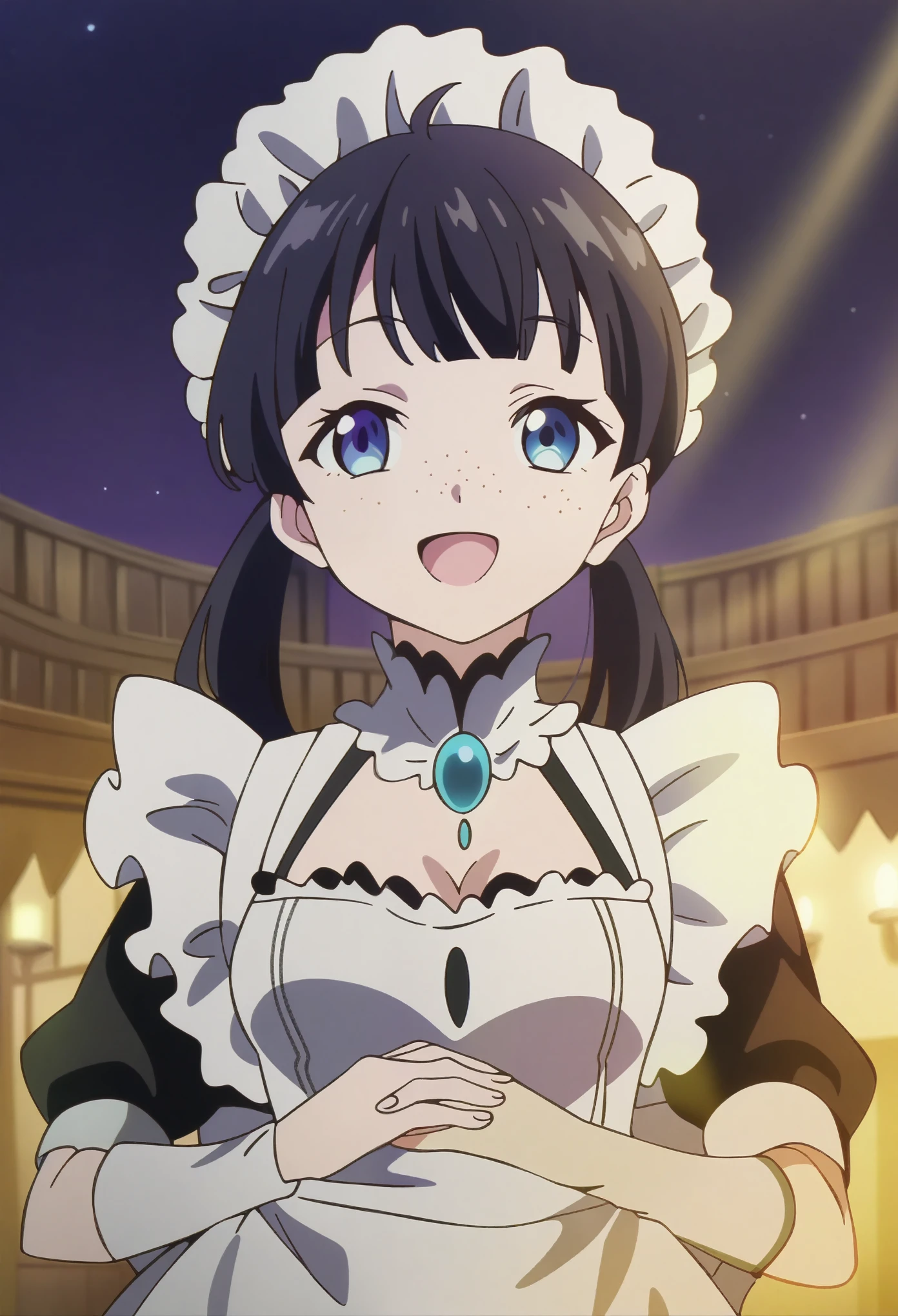 score_9, score_8_up, score_7_up, source_anime, best quality, high resolution, masterpiece, absurdres,vector trace,anime screencap, key art style, cinematic lighting, morning, 1girl, solo, standing, (upper body, close-up), medieval, dark background, ballroom, maid, happy, french maid outfit, cleavage, freckles, twin-tails, teenager, medium breasts, eccentric, black hair, blue eyes, :D, holding own hands down