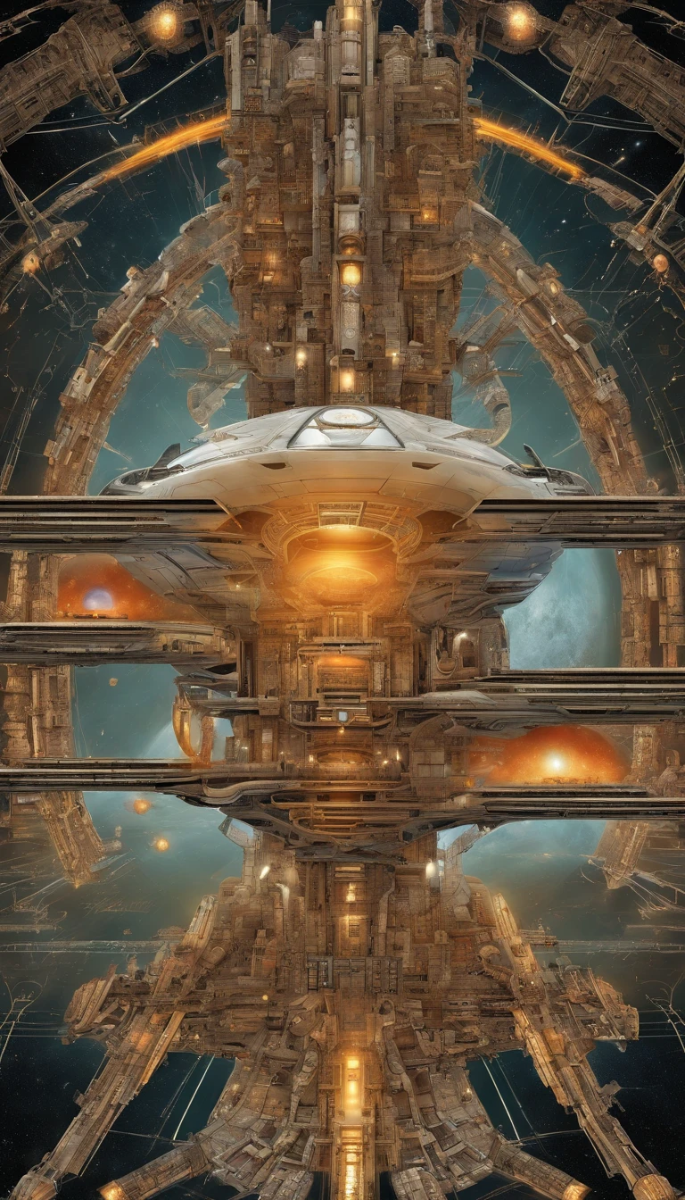 Sci-fi starship embodies biomechanical design, complex and detailed against the stark contrast of space, intricate beams and panels reflect an orange and beige palette, enveloped in a blur and haze that adds a mysterious ambiance, features illuminated by strategic lighting effects evoking drama, dark ambience, spacecraft designed in the manner of Ridley Scott,influences, includes an overlay of vintage da Vinci, Broken Glass effect, no background, stunning, something that even doesn't exist, mythical being, energy, molecular, textures, iridescent and luminescent scales, breathtaking beauty, pure perfection, divine presence, unforgettable, impressive, breathtaking beauty, Volumetric light, auras, rays, vivid colors reflects((The space station is a amalgamation of Babylon 5 & Deep Space 9)), there are ((Starfleet ships)) and almost any ship, from (((Star Trek Deep Spaces' 9 years))). The styles are, from (((Gerry and Silvia Anderson))), ((Judith Garfield)), and ((Reeves-Stevens)). (((Fractal elements by John William Turner))) are also present.