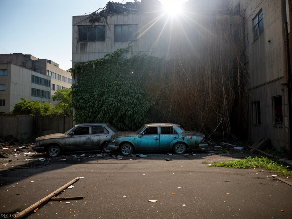 The photograph shows an apocalyptic street view of a financial center 150 years after the fall of human civilization. The buildings and streets are ruined and covered with lush vegetation up to the roof. There are rusty car wrecks staying in disarray on the street, also overgrown with vegetation. The whole is illuminated by sharp sunlight creating an interesting chiaroscuro, and in the distance there is a delicate blue morning mist.