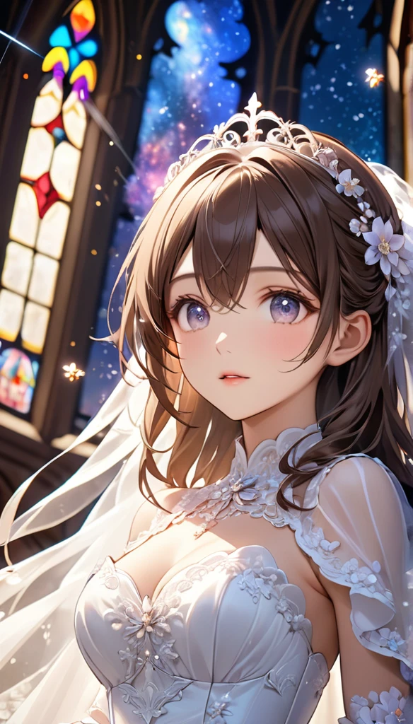 Highest quality, Great quality, 16K, Unbelievably absurd, Very detailed, 2.5D, delicate and dynamic, church, Brightly colored stained glass, Small faint lights and flying fireflies, night, Starry Sky, milky way, nebula, shooting star, Flowers, Wind and Moon, Very delicate look, Delicate eye depiction, Upper body close-up, erotic, Only sexy women, Healthy body shape, 19-year-old female, bride, height: 155cm, Swaying bust, Colorful Tiaras, Long wedding dress with complex structure, pink long wedding dress, See-through long ruffle wedding dress, Long cape from head,Brown Hair, Long Hair,