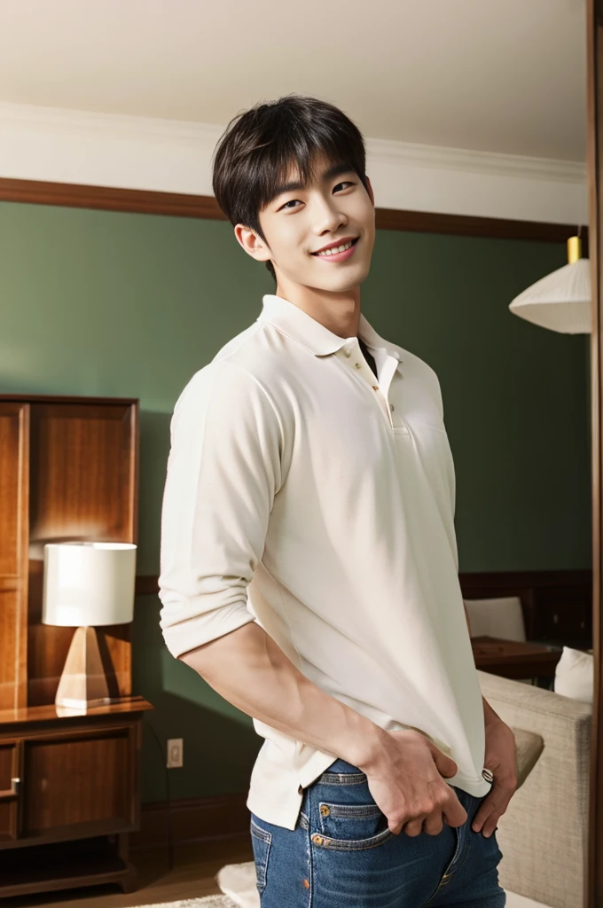 ((realistic daylight)) , (Young Korean man in a polo shirt) , Jeans, A handsome, muscular young Asian man looks at the camera. , in the living room,turn sideways, smile