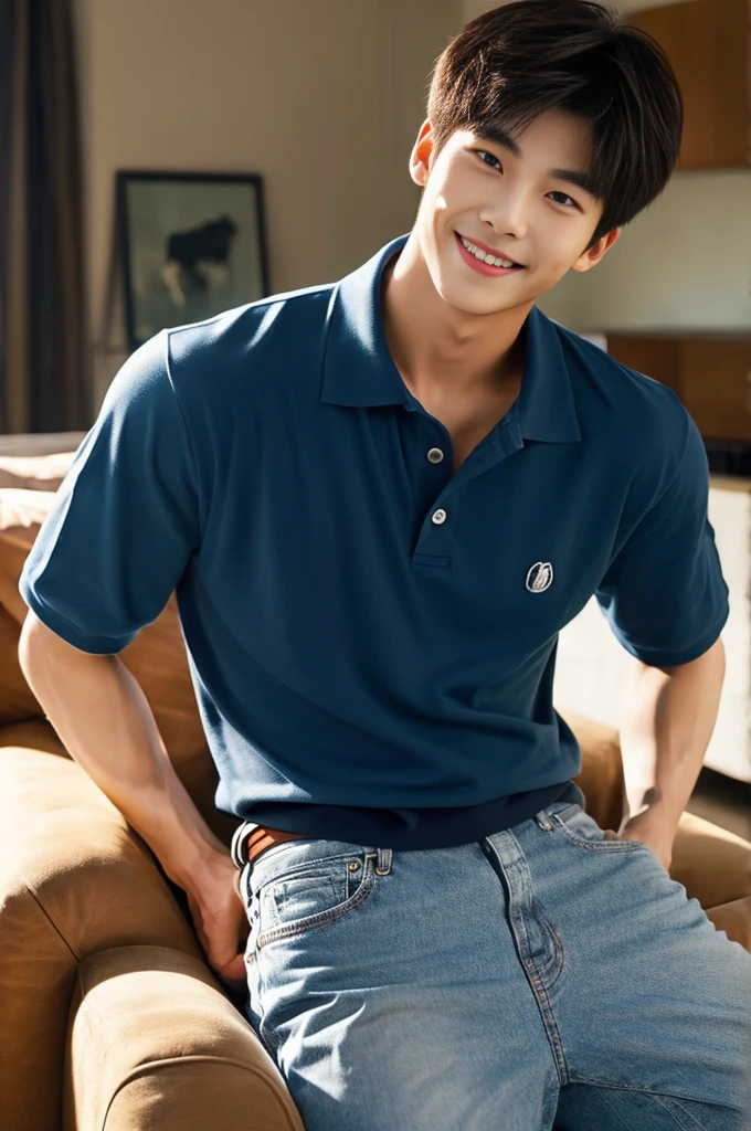 ((realistic daylight)) , (Young Korean man in a polo shirt) , Jeans, A handsome, muscular young Asian man looks at the camera.  , in the living room,turn sideways, smile