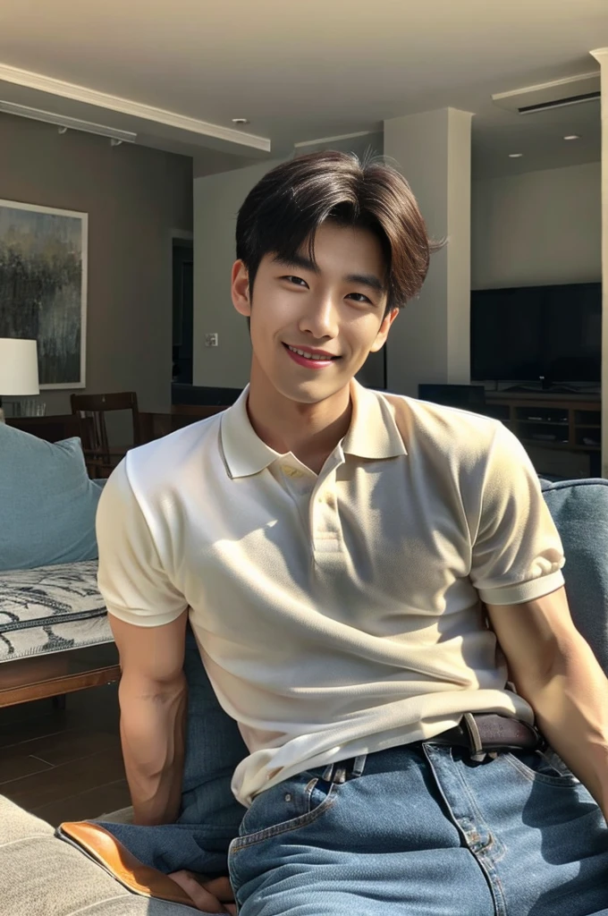 ((realistic daylight)) , (Young Korean man in a polo shirt) , Jeans, A handsome, muscular young Asian man looks at the camera. , in the living room,turn sideways, smile