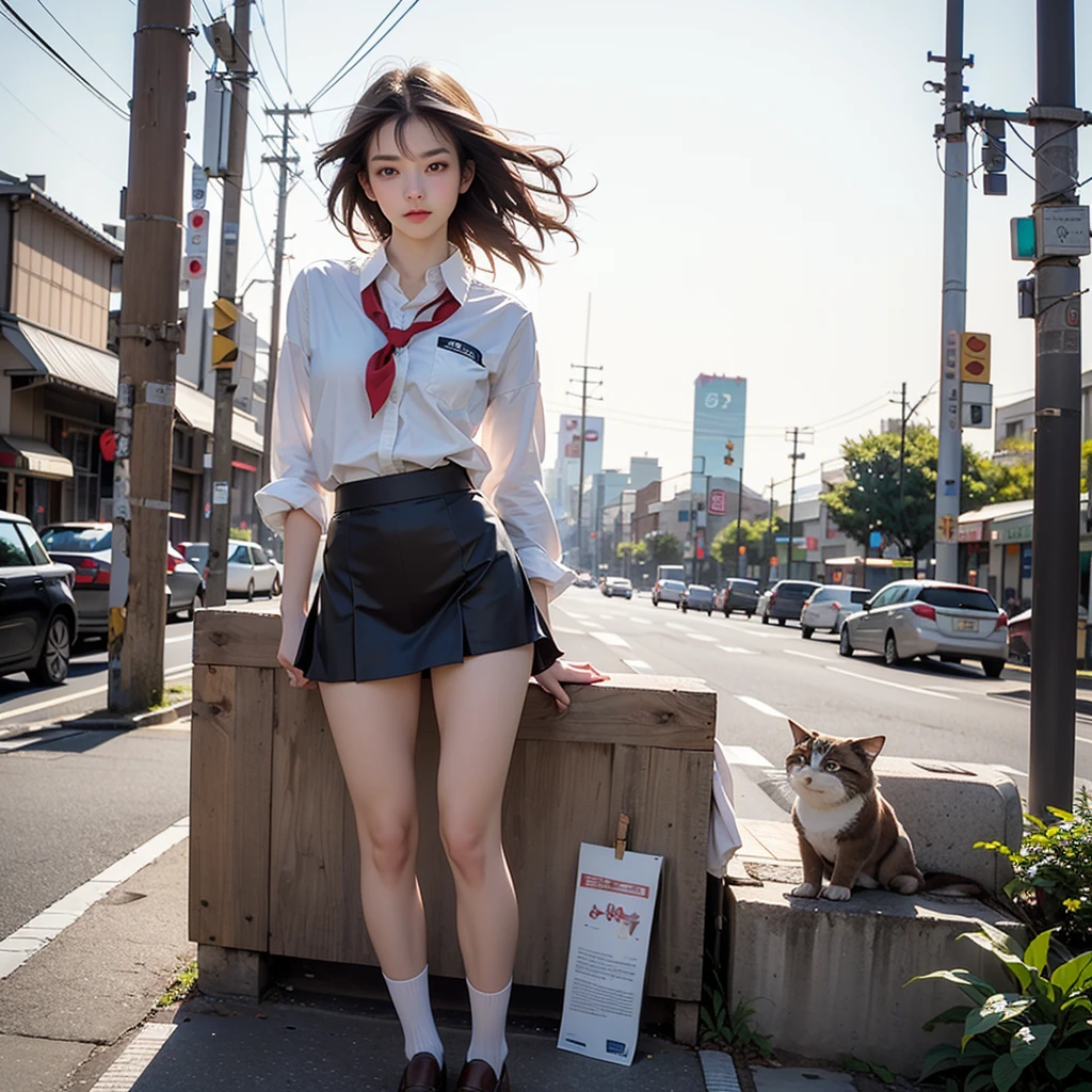 In 8K,Highest quality,The real picture,Intricate details,Ultra-high resolution,Depth Field,Masseter muscle area,Natural soft light,Professional Lighting,One Girl,(cute:1.2),Very beautiful 17 year old girl,Detailed eyes,((Brown eyes)),(Brown Hair),(Short-haired),(Skin of the lawless zone of bangs,Glowing Skin,White skin,Fine skin,Big ample breasts,((Perfect Anatomy,Nice hands,Perfect hands,Five fingers connected to the palm,Accurate needles without discomfort)),Perfect bare legs,Delicate legs,Perfect Proportions,Sexy,I can see your chest,((Japan Uniform)),((Uniform Mini Skirt)),(tie),Black socks,Chano Leather Shoes,Lurking deep in the city,I can see your crotch,Show me your panties in the street,Both legs are bent,Legs are spread in an M shape,,I can see your pants,Slender thighs when viewed from the front