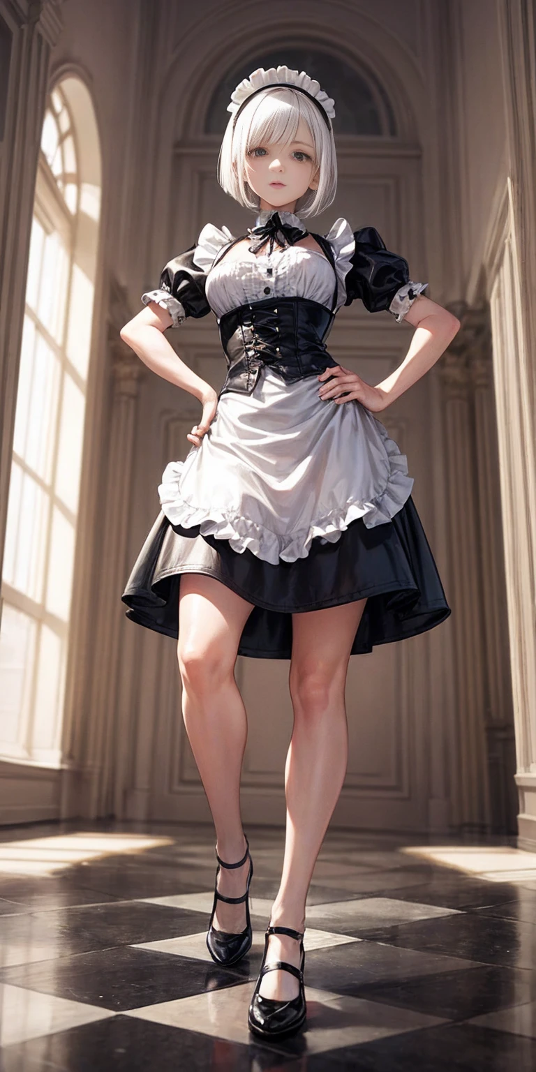 White hair, short bob hair, pinched eyes, thin legs, thin body, leather collar, maid outfit victorian, full body standing symmetrical, hands on hips, wide hips, view from below