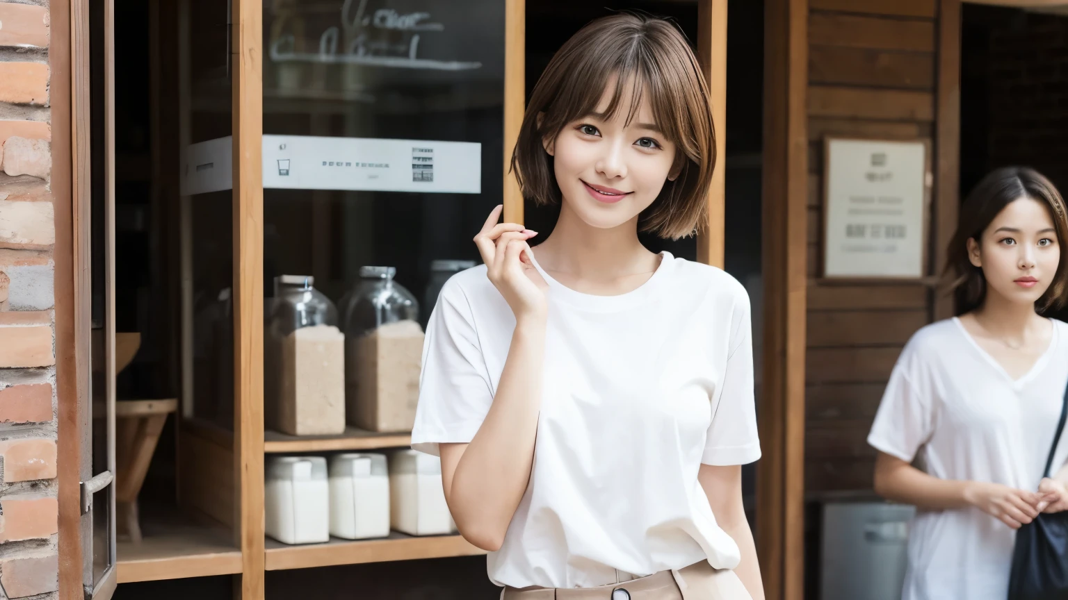 super high quality, smile, Slenderのネックレス, Slender, The staff is working at the counter in the back., (8k、RAW Photos、Highest quality、masterpiece:1.2), Stylish café, (Realistic、Photorealistic:1.37), Beautiful Face , Urban Cafe, Golden Ratio, Raw photo, Light Brown Hair, Small breasts, Bright cafe interior, Blurred Background, Famous actress, Summer clothes, Beautiful hairstyle, Photographed inside the cafe, Hair blowing in the wind, Neat clothes, T-Shirts, Very Short Hair, 18-year-old, Cool older sister, Stylish clothes,