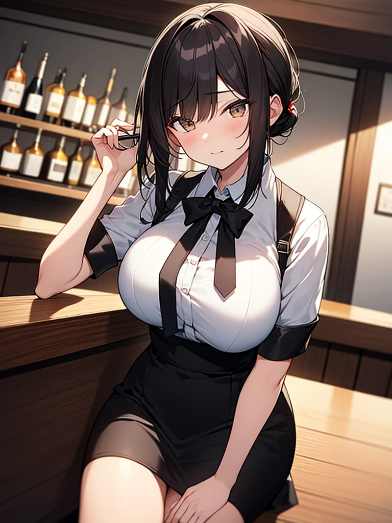 A bar at night, seated, customers, cocktail glasses filled with alcohol, white collared shirt, short sleeves, black suit, black skirt, ponytail:1.9 背のexpensive女性:1.9. Short black hair, straight hair, hair tie, bangs swept to the side:1.9. Slanted Eyes, Brown eyes, expensive, Strong-willed, beautiful、Big breasts、adult