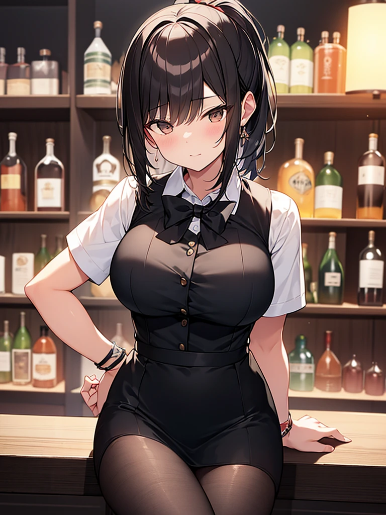 (from above:1.1),(from front:0.9), ((Face)), (Close-Up:0.4), masterpiece,"A 22-year-old girl stands at a bar counter, black hair, hair ornament, red eyes, thighhighs, gloves, dress, holding, bare shoulders, jewelry, standing, weapon, flower, sidelocks, hairband, earrings, boots, black gloves, black thighhighs, hair flower, She is dressed in a stylish off-shoulder dress, sweater dress, off-shoulder sweater, red sweater,garter stocking, cleavage:1.1, black shorts, black thighhighs, thigh strap, pretty girl, (highly detailed beautiful face and eyes,firm breasts),real skin,((black,hair,long pony tail hair)),thin pubic hair,cute and lovely pose, detailed eyes, This masterpiece is only visually stunning but also tells,(double breasted:0.6,under bust:0.6),(with sparkling eyes and a contagious smile),open mouth, The bar is beautiful, with colorful bottles of alcohol in the background and a soft glow from neon lights. The atmosphere is relaxed, and the girl looks confident and fashionable.",full body, sexy pose,make a cocktail , in a bar counter, Looking at Viewer,
