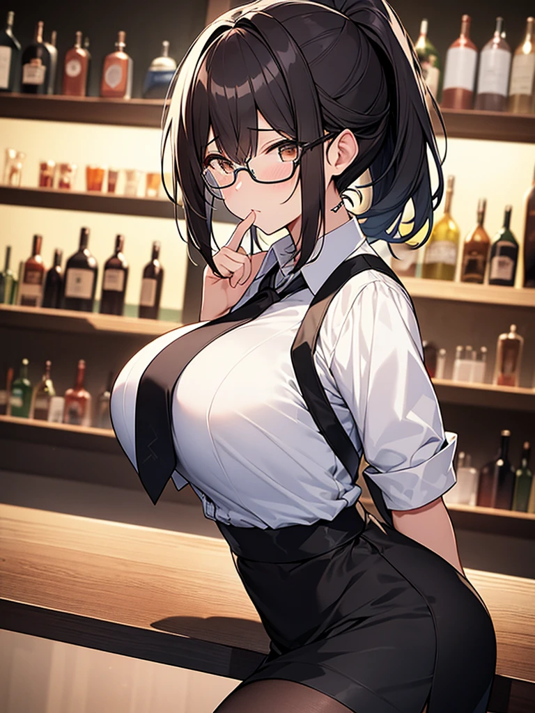A bar at night, seated, customers, cocktail glasses filled with alcohol, white collared shirt, short sleeves, black suit, black skirt, ponytail:1.9 背のexpensive女性:1.9. Short black hair, straight hair, hair tie, bangs swept to the side:1.9. Slanted Eyes, Brown eyes, expensive, Strong-willed, beautiful、Big breasts、adult
