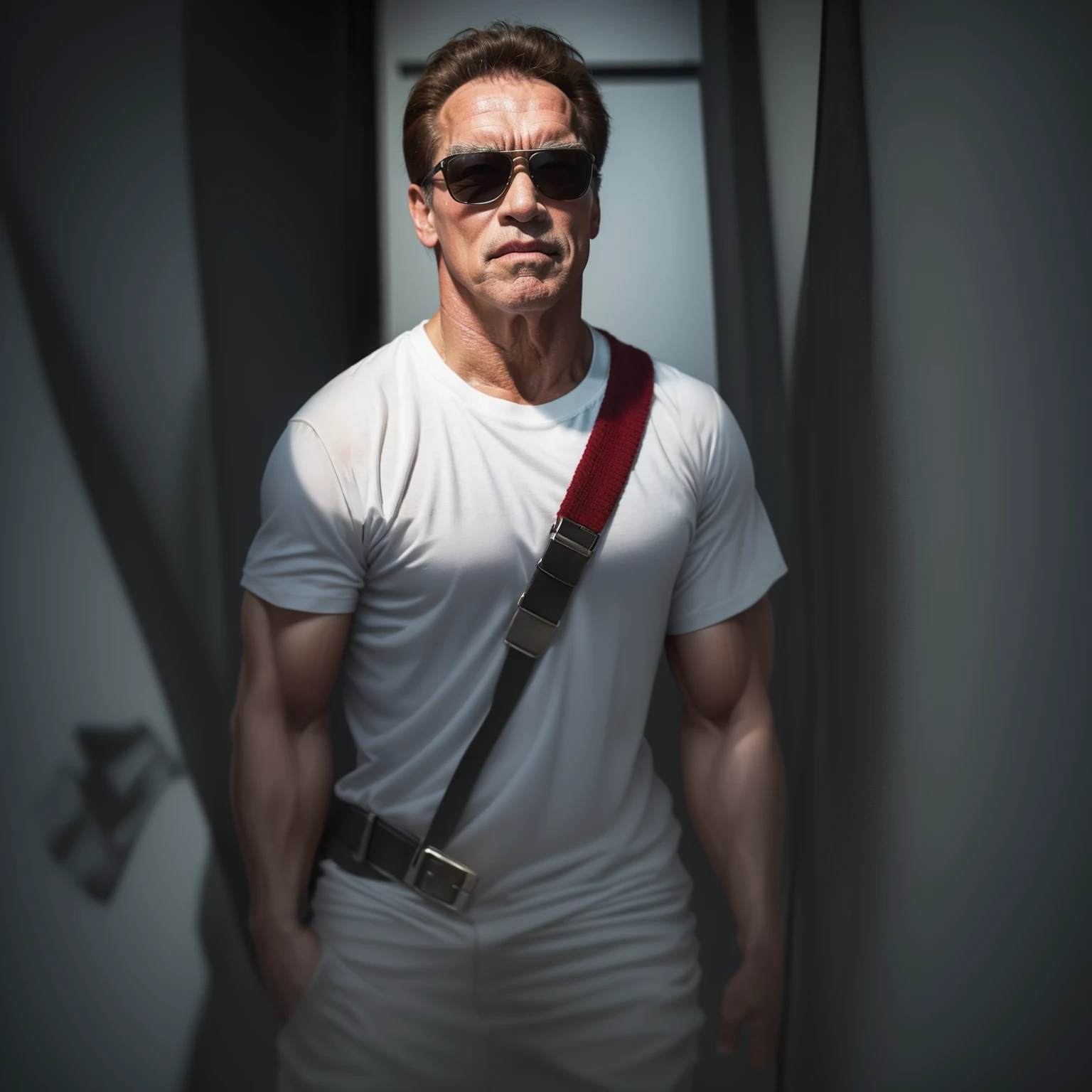 A man wearing sunglasses、Man in white shirt looking at camera, Arnold schwarzenegger, schwarzenegger, Arnold, Arnold 3, Arnold render, Arnold and zbrush, Arnold 3d render, Arnold 3 d render, the terminator的肖像, Arnold 3 materials, Arnold rendering, Arnold maya render, 金凯瑞饰演the terminator, 《the terminator》Stills