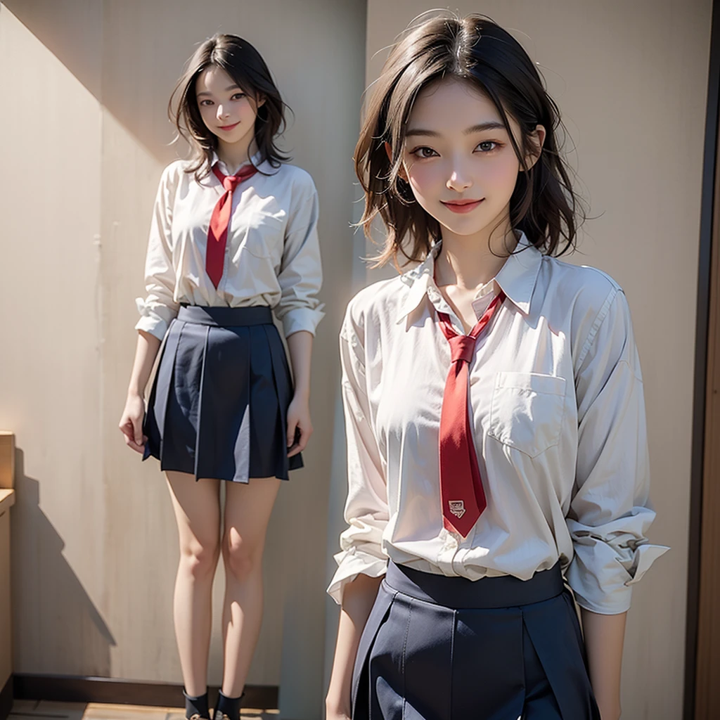 ((masterpiece)), 8k, Highest quality, 1 girl, alone, Beautiful Face, Gentle expression, Realistic, cute, Navy blue pants are visible from under her short skirt, Crimson tie, Completely naked, (high school girl), smile, ( (looking at the camera)), Medium Hair, whole body,