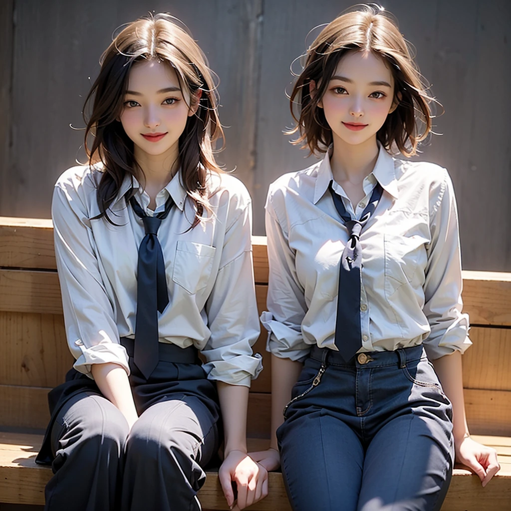 ((masterpiece)), 8k, Highest quality, 1 girl, alone, Beautiful Face, Gentle expression, Realistic, cute, Navy blue pants are visible from under her short skirt, Crimson tie, Completely naked, (high school girl), smile, ( (looking at the camera)), Medium Hair, whole body,