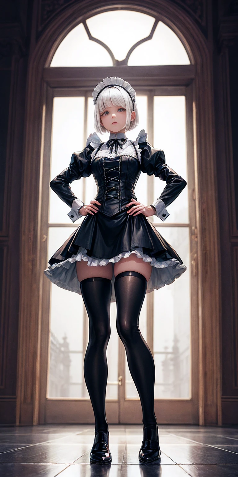 White hair, short bob hair, pinched eyes, thin legs, thin body, leather collar, maid outfit victorian, full body standing symmetrical, hands on hips, wide hips, view from below