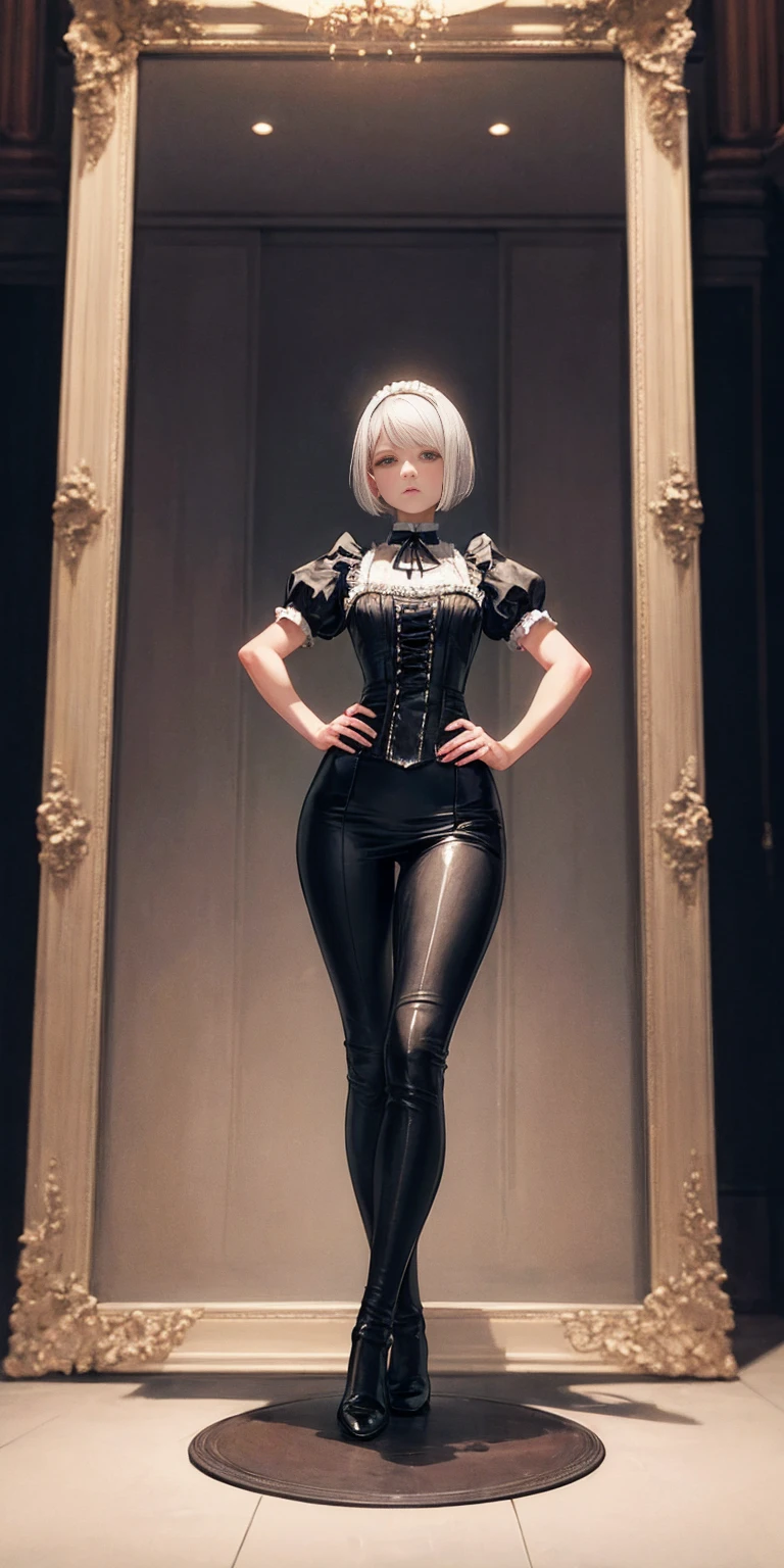 White hair, short bob hair, pinched eyes, thin legs, thin body, leather collar, maid outfit victorian, full body standing symmetrical, hands on hips, wide hips, view from below