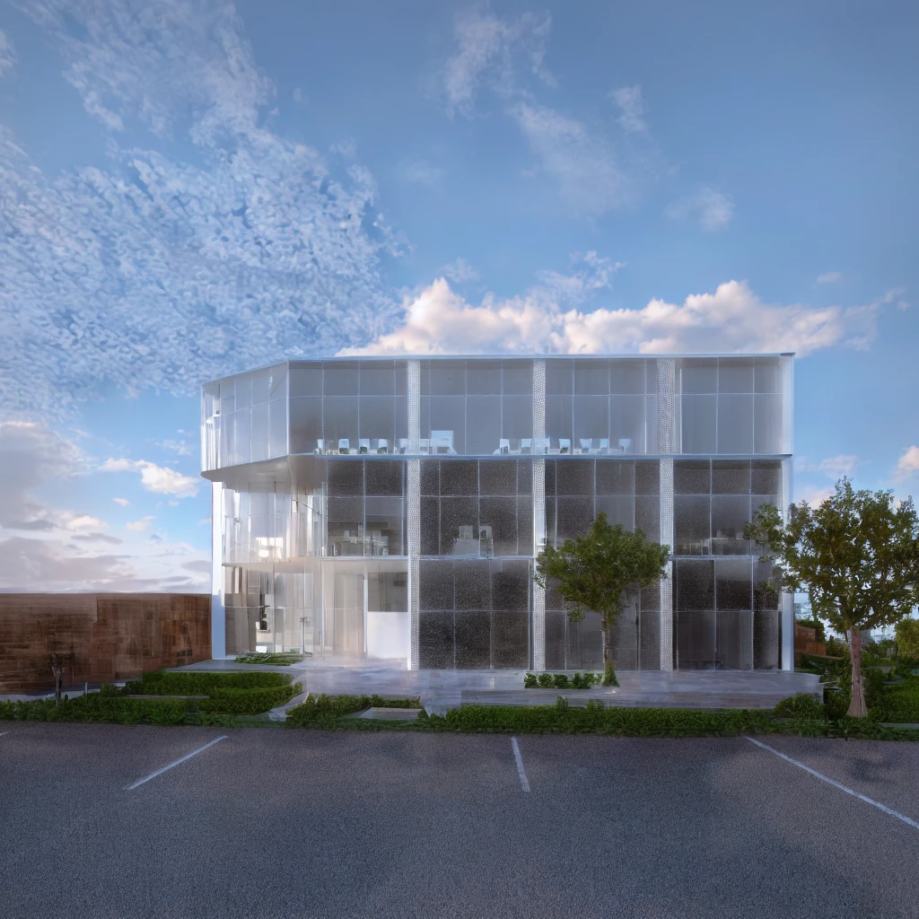 Arabed view of a building with a tree in front of it and with a car park along with a road ahead, rendered in lumion pro, lumion render, architectural render, rendered in lumion , full detail render, final render, office building, vue 3d render, final render, rendered in 3 dsmax, rendered in unreal 3d engine, rendered in scene , the rendering is highly photographic