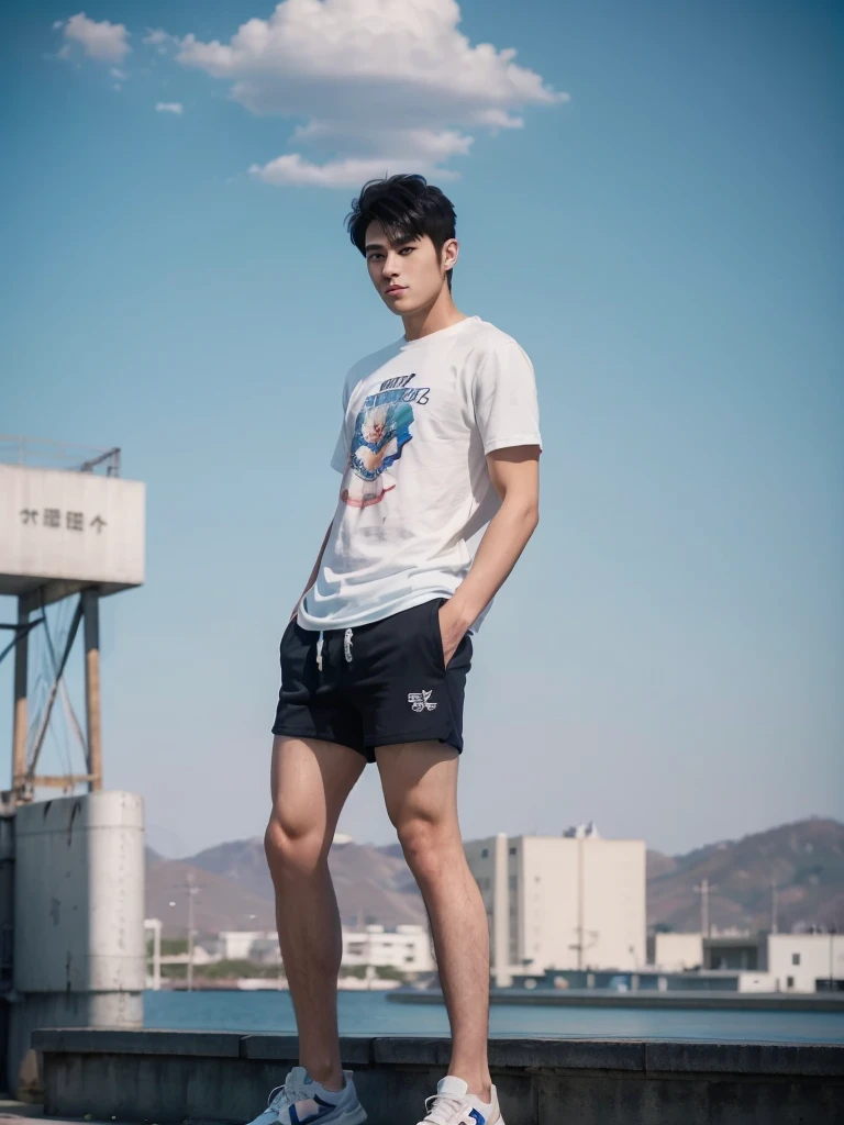 (super sharp focus), (Hairy legs), (((full body))), Japanese man, twenty years old, very short hair, black hair, wearing shorts, drawing of a muscular young man, the young man is a high school student, inspired by Cyril Rolland, animation art wallpaper 4k, sky blue and peach gradation, beautiful illustrations with a delicate touch, t-shirt