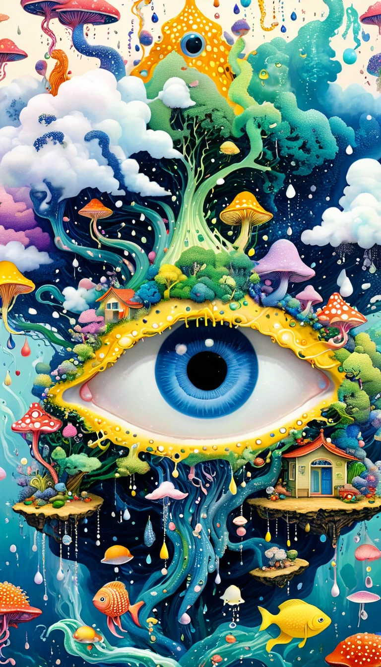 Strong visual fusion of multiple elements,Broto,来自Star的艺术家,Dopamine color scheme,house、Eye、pearl珠帘、pearl、Star、cloud、fish、Spore powder、Ocean、rain、Tentacles,Describing the inner world of autistic people,密集Pointillism method。Smooth lines。interesting,Strange illustration。Pointillism method。Strong contrast。Award-winning works。
