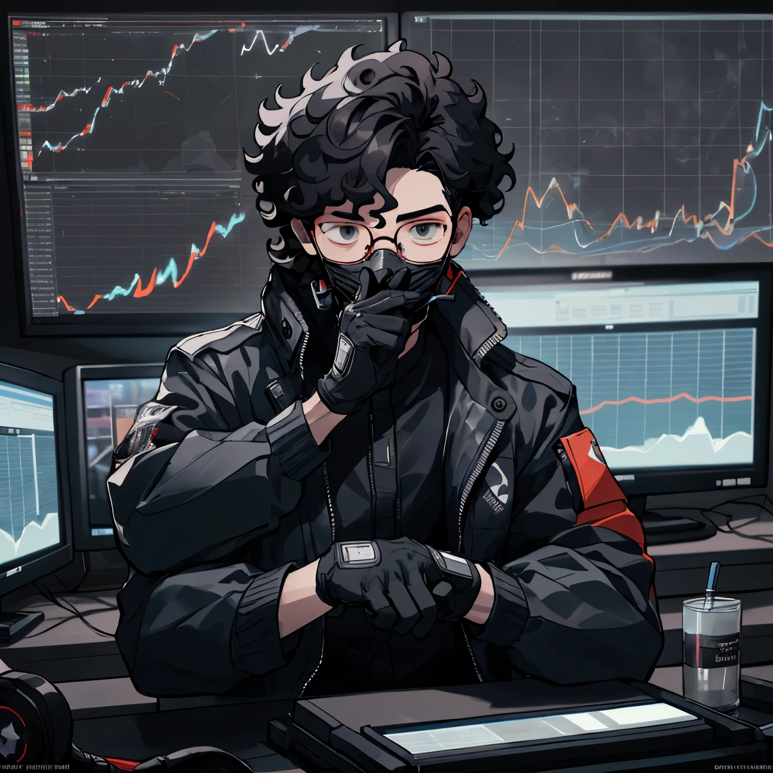 Kpop Boys,He is in his late 30s,In the computer room,Black leather gloves,Face masks,Looking at trade charts,Wearing a cool suit jacket,Wearing a headset,Black messy curly hair、Background shows multiple trading monitors,far and near method, 3D Rendering, He is explaining the trade.,Glasses