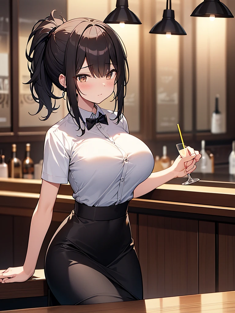 A bar at night, seated, customers, cocktail glasses filled with alcohol, white collared shirt, short sleeves, black suit, black skirt, ponytail:1.9 背のexpensive女性:1.9. Short black hair, straight hair, hair tie, bangs swept to the side:1.9. Slanted Eyes, Brown eyes, expensive, Strong-willed, beautiful、Big breasts、adult、Broad shoulders