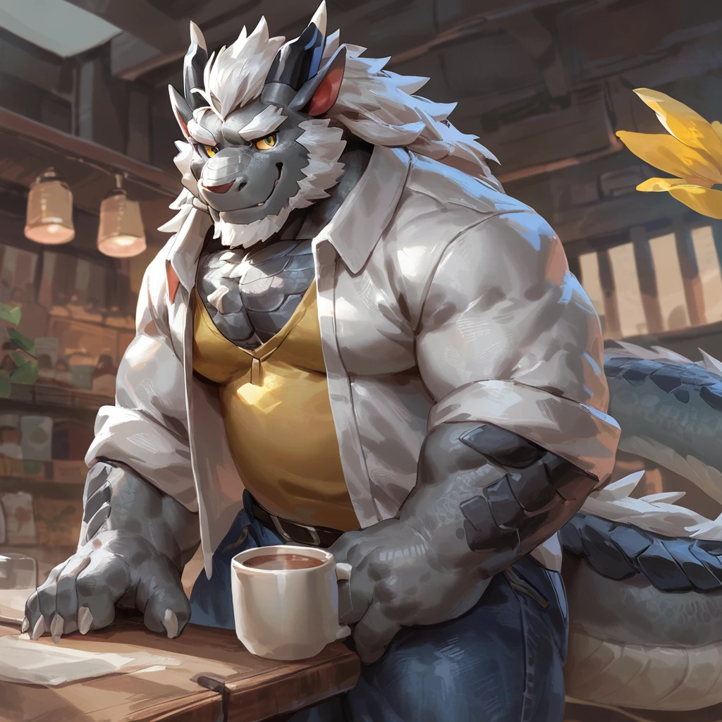 (artist: gamma_g, lindong, null-ghost, dangpa) 1male, sfw, eastern dragon, character design, bara, one fluffy tail, old man, fluffy mane, perfect eyes, grey body, white hair, background, solo, scales, detailed scales, golden decals, casual shirt, short jeans, sharp short ears, yellow iris, white sclera, big eyes, white beard, sharp iris, thick thighs, muscular legs, veiny, fluffy hair, detailed face:2.0, one tail, masterpiece:2.0, sharp fang, perfect eyes, smug, chest fluff, (SuperQuality:1.0) ~ (SuperQuality:1.2)