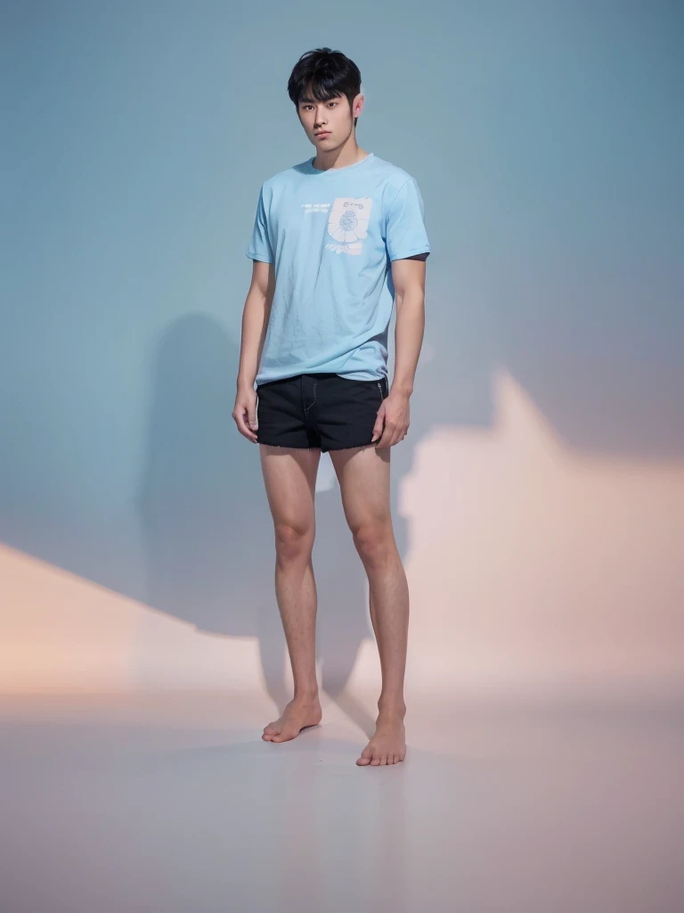 (super sharp focus), (Hairy legs), (((full body))), Japanese man, twenty years old, very short hair, black hair, wearing shorts, drawing of a muscular young man, the young man is a high school student, inspired by Cyril Rolland, animation art wallpaper 4k, sky blue and peach gradation, beautiful illustrations with a delicate touch, t-shirt