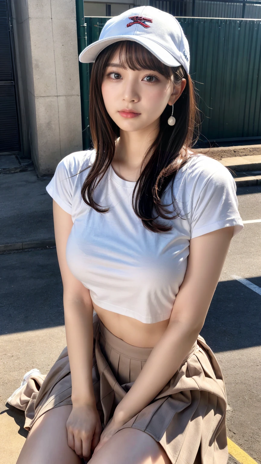 masterpiece, best quality, illustration, Super detailed, fine details, High resolution, 8K,wall paper, perfect dynamic composition,(Details High quality, realistic depiction of eyes:1.3), baseball cap, earrings, (white t-shirt), (black pleated skirt), short bob hair, black hair color, Big Natural Color Lip, sexy pose, (perfect body shape), crying a little、cold gaze, Harajuku style、20 year old girl、cute type、ta, hposing Gravure Idol, full body photo、focus on crotch, huge breasts