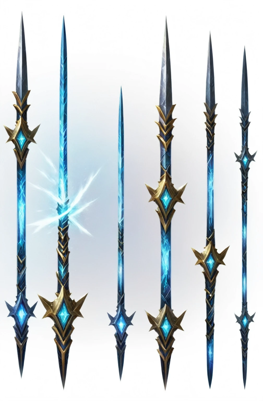 Close up of a group of different types of swords, Spear, Gorgeous spikes, 错综复杂的幻想Spear, World of Warcraft Blizzard Weapon Art, epic Fantasy weapons art, ice arrow, Long spikes, Fantasy weapons, glowing dragon staff, Terrible sharp cold, Fantasy RPG Weapon Art, The style of the Ghost Slayer Blade, Weapon Concept Art, Fractal Arrow, Sword weapons, long metal nails