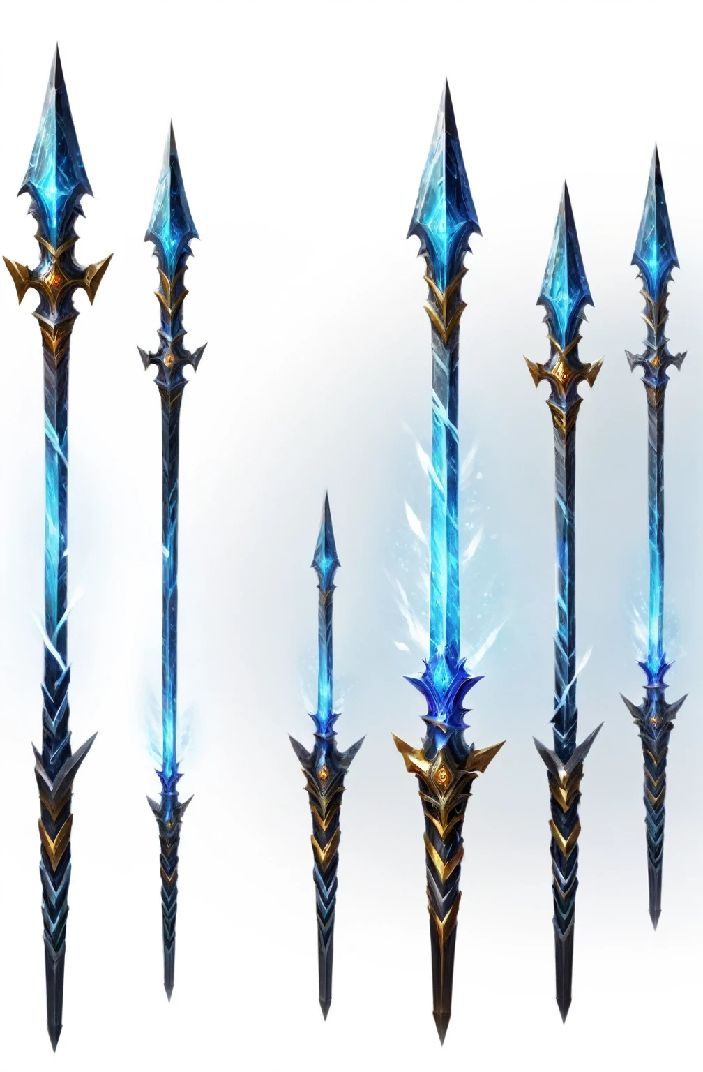 Close up of a group of different types of swords, Spear, Gorgeous spikes, 错综复杂的幻想Spear, World of Warcraft Blizzard Weapon Art, epic Fantasy weapons art, ice arrow, Long spikes, Fantasy weapons, glowing dragon staff, Terrible sharp cold, Fantasy RPG Weapon Art, The style of the Ghost Slayer Blade, Weapon Concept Art, Fractal Arrow, Sword weapons, long metal nails