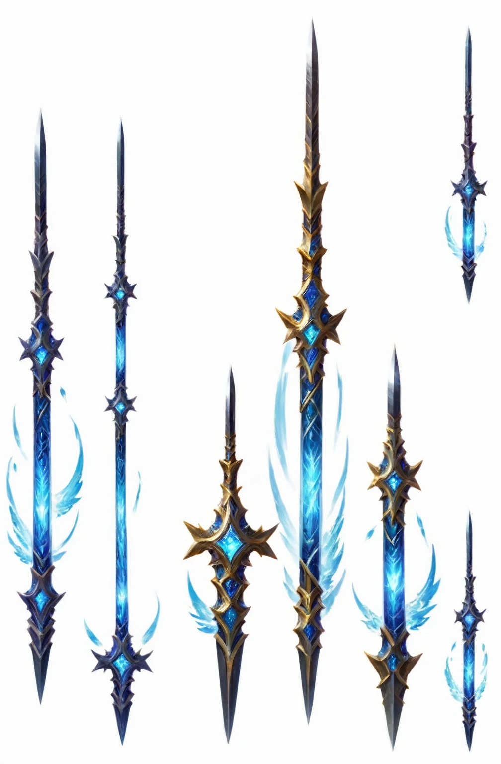 Close up of a group of different types of swords, Spear, Gorgeous spikes, 错综复杂的幻想Spear, World of Warcraft Blizzard Weapon Art, epic Fantasy weapons art, ice arrow, Long spikes, Fantasy weapons, glowing dragon staff, Terrible sharp cold, Fantasy RPG Weapon Art, The style of the Ghost Slayer Blade, Weapon Concept Art, Fractal Arrow, Sword weapons, long metal nails