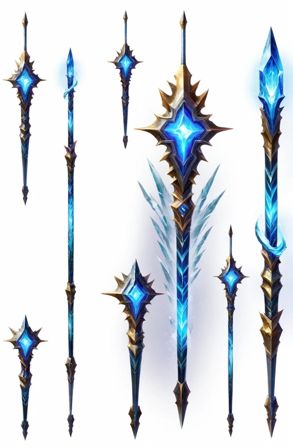 Close up of a group of different types of swords, Spear, Gorgeous spikes, 错综复杂的幻想Spear, World of Warcraft Blizzard Weapon Art, epic Fantasy weapons art, ice arrow, Long spikes, Fantasy weapons, glowing dragon staff, Terrible sharp cold, Fantasy RPG Weapon Art, The style of the Ghost Slayer Blade, Weapon Concept Art, Fractal Arrow, Sword weapons, long metal nails