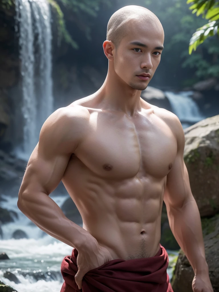 Young muscular Vietnamese monk, Detailed baldness, tractor head, shirtless :: shirtlessคลุม, Buddhism, quiet, Dark brown coat with details., Take the whole body, Walking posture :: Manly, Look at the camera, (Make eye contact), manhood posture, Manly deportment, Have morals, masculinity, manhood, very detailed facial parts, very detailed neck, Manly, waterfall background, happy expression, professional photos, soft focus, (8ก, raw photos, best quality, Masterpiece:1.2), very detailed, Ultra high resolution, perfect anatomy, ส่วนของร่างกายที่very detailed, The body is very symmetrical., Asia, 18 years old, shirtless :: Highly detailed, detailed face, Detailed eyes, proportional eyes, very detailed mouth, Leaky abdomen :: very detailed, thin, small waist, realistic, human skin, นิ้วที่very detailed, handsome chad chin, shirtless, Be a man, human skin, handsome, charming, Highly detailed RAW color photo, depth of field, Photo taken from the front, perfect composition, very detailed hands, very detailed fingers