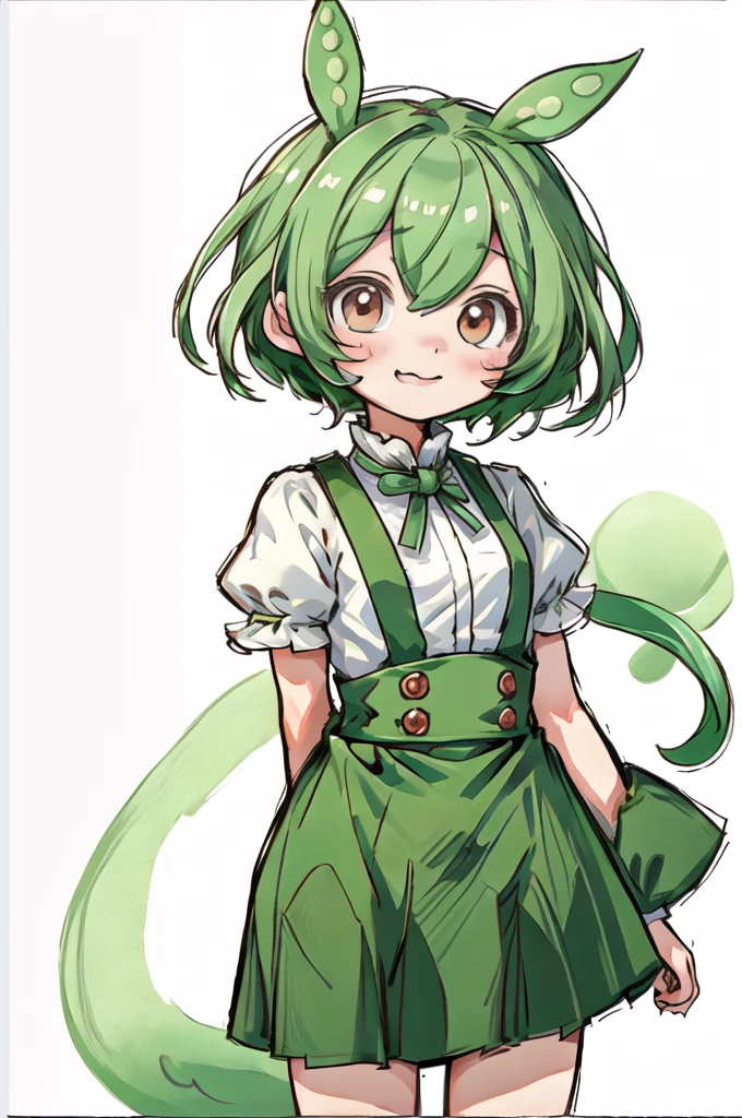 extremely delicate and beautiful, amazing,masterpiece, (Depth of field:1.2), 1girl, (white clothes:1.6), green pants,green short hair, suspenders, (simple background, white background:1.8),looking at viewer, chibi, smile