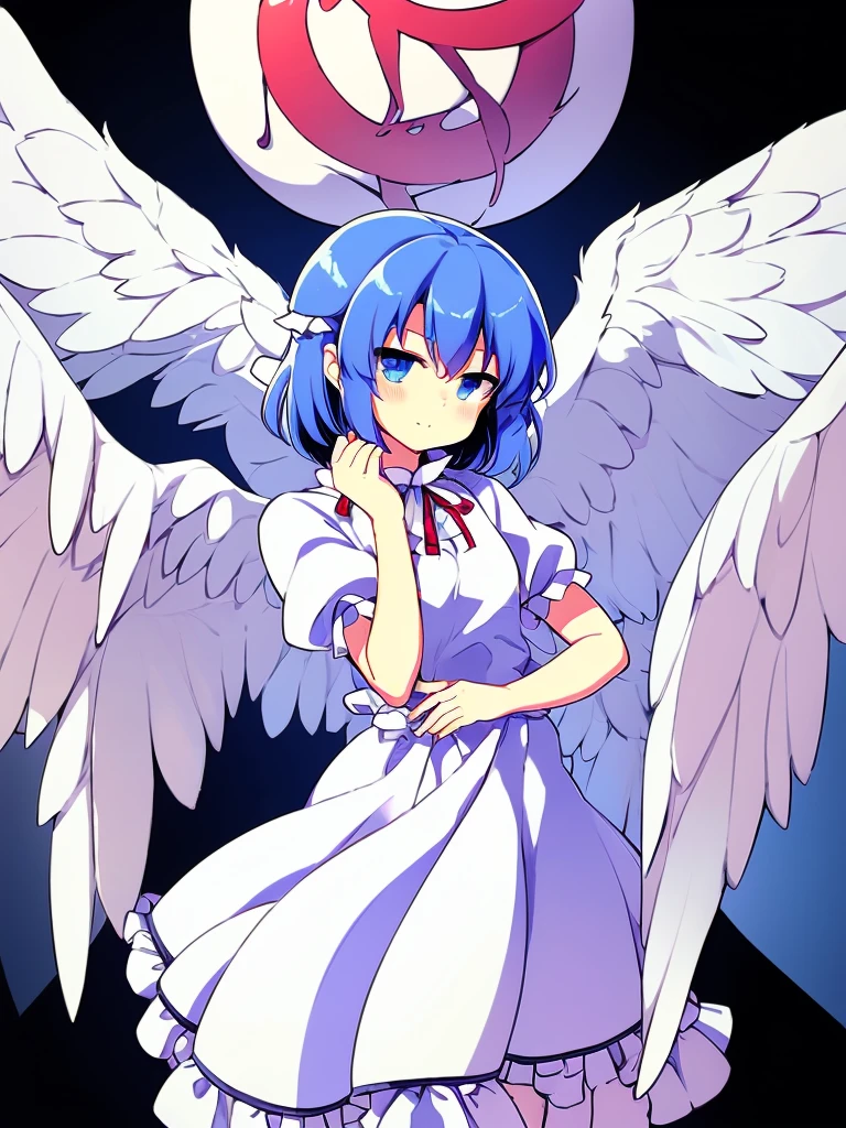 (best quality,4k,8k,highres,masterpiece:1.2), top-quality(masterpiece), top-quality, ultra-detailed, highly detailed texture, intricate details, high quality textures, A cute teenage angel with blue eyes, big pink ribbon in her hair, drawn in anime style, 1girl, (((1girl in))), , , (((loli))), ((cldish)), meblue hair, hair flaps, pink ribbon on head, well-formed face, Beautiful face, blue eyes, pretty eyes, angel girl, white blouse, puffy short sleeves, red ribbon, angel wings, long white skirt, red shoes, frills, ribbon head, A pair of angel wings on the back, clean line drawings, cute, perfect symmetrical face
