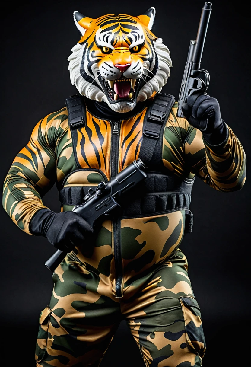 (a dark-skinned fat muscular old man in a bulky camouflage zipper diver suit) shooting with a gun and (wearing roaring siberian tiger mask that show the wearer eyes), muscular, Basuki Abdullah, sumatraism, action, a character portrait, heroic, fierce, snarling, raising fist, best quality