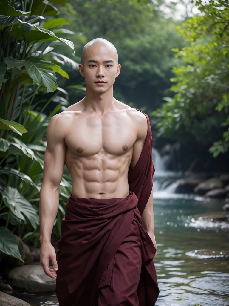 Young muscular Vietnamese monk, Detailed baldness, tractor head, shirtless :: shirtlessคลุม, Buddhism, quiet, Dark brown coat with details., Take the whole body, Walking posture :: Manly, Look at the camera, (Make eye contact), manhood posture, Manly deportment, Have morals, masculinity, manhood, very detailed facial parts, very detailed neck, Manly, waterfall background, happy expression, professional photos, soft focus, (8ก, raw photos, best quality, Masterpiece:1.2), very detailed, Ultra high resolution, perfect anatomy, ส่วนของร่างกายที่very detailed, The body is very symmetrical., Asia, 18 years old, shirtless :: Highly detailed, detailed face, Detailed eyes, proportional eyes, very detailed mouth, Leaky abdomen :: very detailed, thin, small waist, realistic, human skin, นิ้วที่very detailed, handsome chad chin, shirtless, Be a man, human skin, handsome, charming, Highly detailed RAW color photo, depth of field, Photo taken from the front, perfect composition, very detailed hands, very detailed fingers