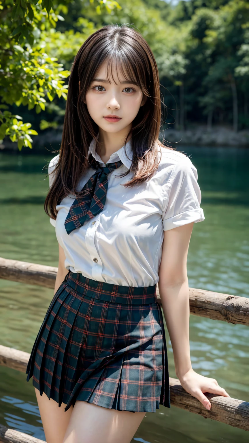 (absurdres:1.3), (highres:1.3), (ultra detailed:1.3),(1girl:1.3), (extremely detailed CG unity 8k wallpaper:1.3), (detailed skin texture, detailed cloth texture, detailed hair texture), (beautiful detailed face, supermodel, pale skin, realistic glistening skin), (RAW photo, best quality), (realistic, photo-realistic:1.4), masterpiece, extremely delicate and beautiful,Amazing, finely detail, extremely detailed CG unity 8k wallpaper, huge filesize, ultra-detailed, highres, absurdres, soft light,rim light, vibrant details, hotel room, straight hair, large breasts, black hair color, Big Natural Color Lip, (perfect body shape), beautiful legs, 20 years old, Beauty、Well-formed face、Make your eyes even、Large sagging eyes、Beautiful black hair、Has bangedium build、Well-balanced proportions、Arms wrapped around his back, hands tie behind back, Tartan plaid pleated skirt、Blue Short Sleeve Blouse、Beautiful scenery、(front view:1.3), Leaning against a large tree on the shore of a beautiful lake、