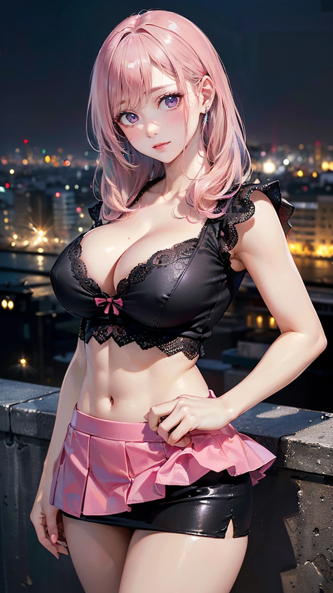 ((Highest quality, 8k, masterpiece :1.3)), (Sharp focus :1.2, Beautiful woman with perfect figure :1.4, Slim Abs), ((Big Breasts, Emphasize cleavage:1.2)), (Photorealistic:1.4), (realistic:1.4), (Pink Hair:1.5), Highly detailed face and skin texture, Fine grain, double eyelid. Makeup face, A little bit of lipstick, sex appeal, Sexy gravure pose, ((Sexy girly beauty in black tight lace top and red mini skirt。Against the backdrop of the cityscape at night、片手を腰に当てたSexy gravure pose。Wear chic earrings。:1.3)