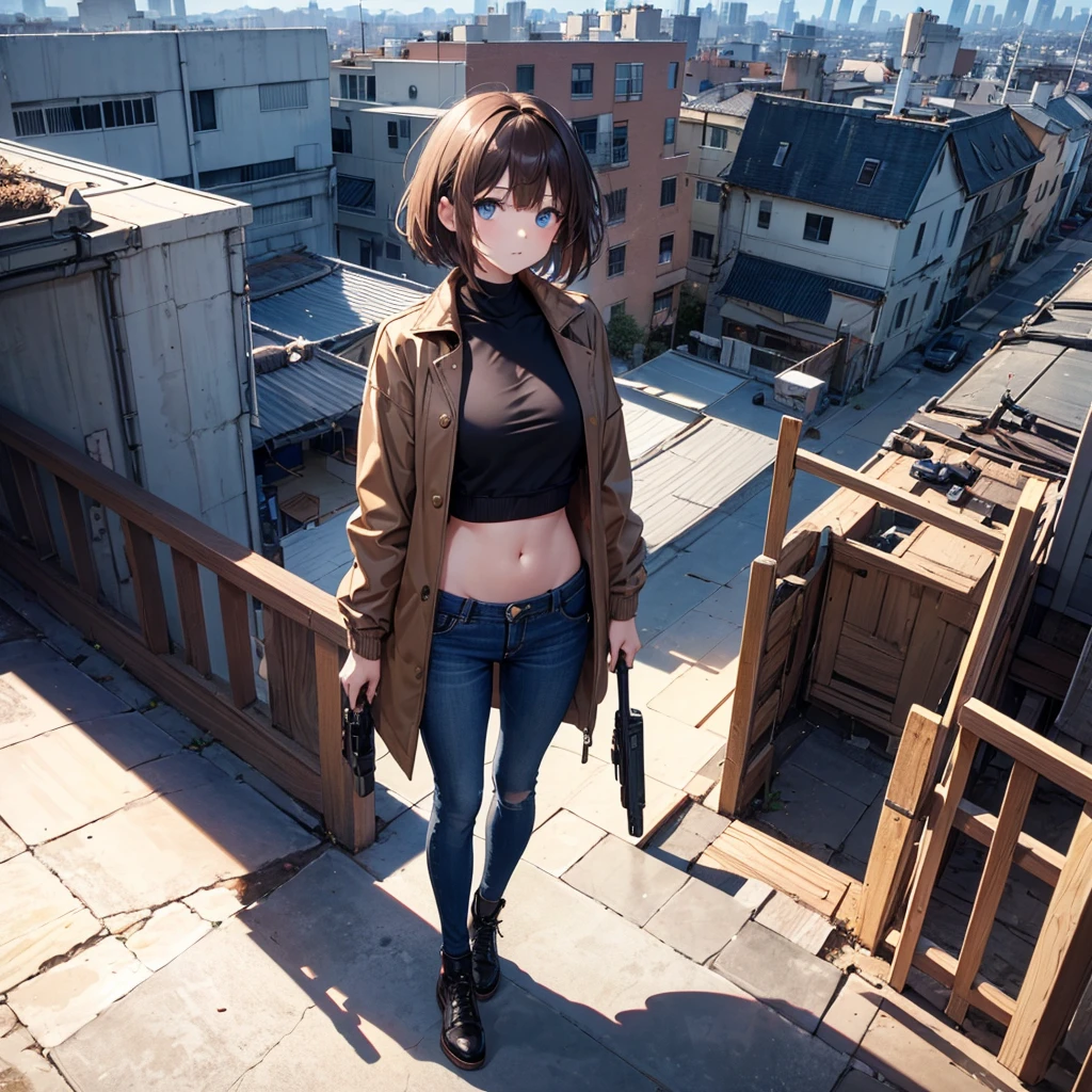 A girl wearing mask, brown short hair, a pistol in his hands, wearing a synthetic black crop top with a brown jacket and blue jeans, blue eyes, standing on a rooftop,centre of image,seeing towards viewers,half body shot,large image of girl,focused imageof girl,cute girl,korean.