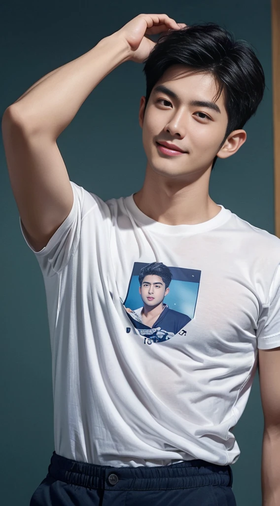 1ชายชาวเอเชียI have hair on my chest.. Aarav, who had black hair and body hair, stood and smiled., (Wear a navy T-shirt.), ปากrealistic สวยงาม, hairy person, Inspiration from Yan Juncheng, photorealistic!!!!!!! art style, smooth. digital photography, realistic. Cheng Yi, I have hair on my chest..,Inspiration from Russell, Dong Jun Lu has chest hair.., #2 Digital Photos Forever, art styleสมจริง, # 1 Digital Photo Forever, Inspiration from Zhang Han, Special eye details,Special eyebrow details. ภาพถ่ายrealistic