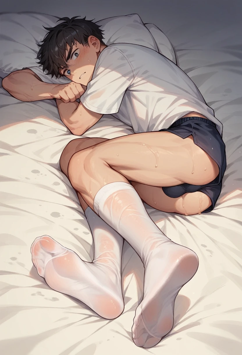 Anime boy showing his feet soles laying down in wet very sweaty white nylon socks