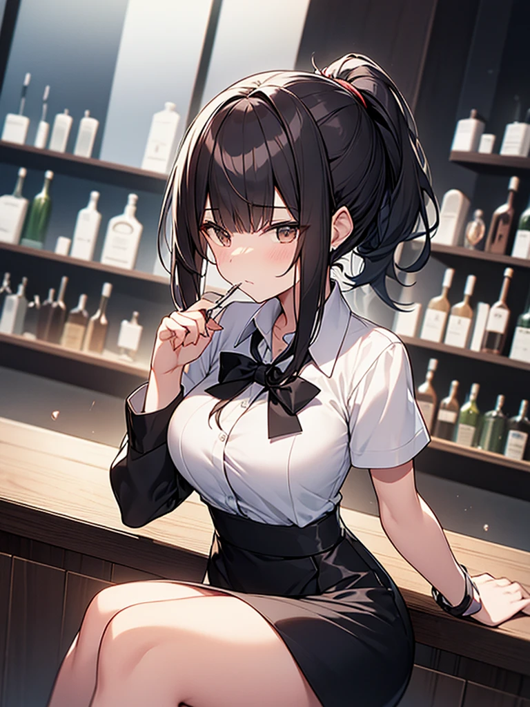 A bar at night, seated, customers, cocktail glasses filled with alcohol, white collared shirt, short sleeves, black suit, black long skirt, ponytail:1.9 背のexpensive女性:1.9. Short black hair, straight hair, hair tie, bangs swept to the side:1.9. Slanted Eyes, Brown eyes, expensive, Strong-willed, beautiful、Big breasts、adult、Broad shoulders