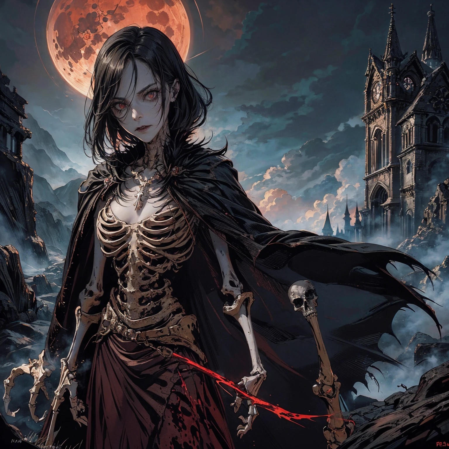 best quality, 4K, high resolution, masterpiece:1.2, Very detailed, actual:1.37, Mood lighting, An undead girl in a long cape, Torso and limb is skeleton bone but head is still beautiful human face, Wearing a ragged gothic skirt, Aloofness emotion, Dangerous sneer, Black Hair, Standing, Facing the camera, Crucified, Pitch black sky, Blood-red moon, strange atmosphere, Gothic style, Unforgettable beauty, Dramatic shadows, Ethereal Light, Mysterious atmosphere.