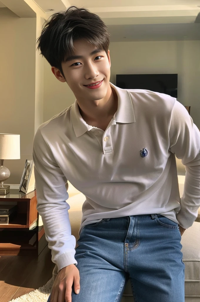 ((realistic daylight)) , (Young Korean man in a polo shirt) , Jeans, A handsome, muscular young Asian man looks at the camera. , in the living room,turn sideways, smile