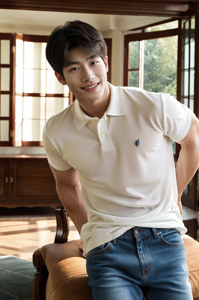 ((realistic daylight)) , (Young Korean man in a polo shirt) , Jeans, A handsome, muscular young Asian man looks at the camera. , in the living room,turn sideways, smile