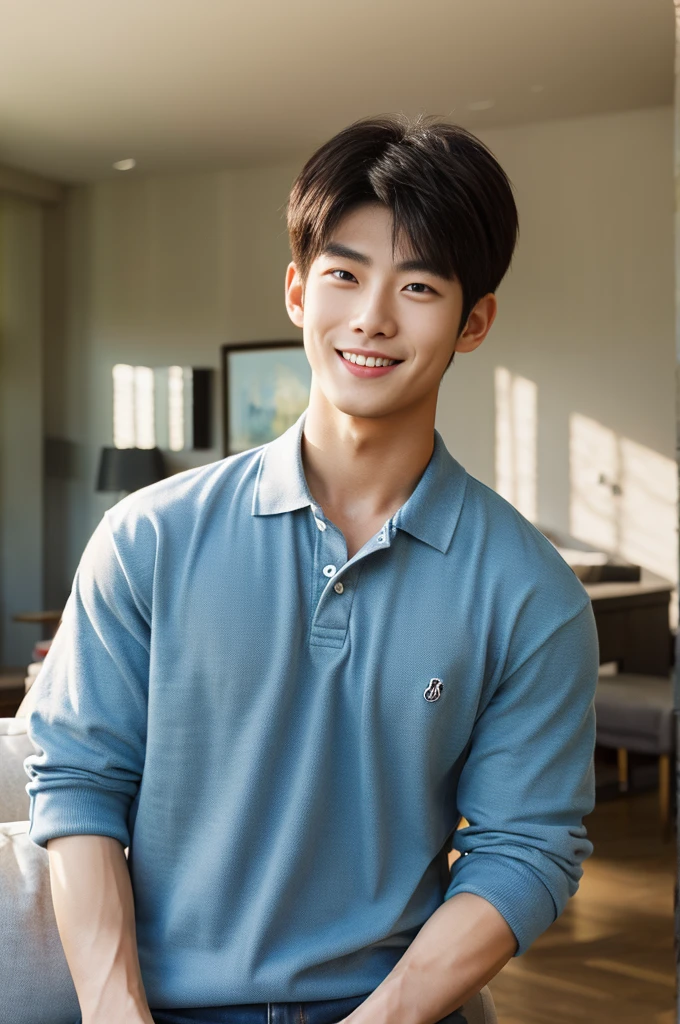 ((realistic daylight)) , (Young Korean man in a polo shirt) , Jeans, A handsome, muscular young Asian man looks at the camera.  , in the living room,turn sideways, smile