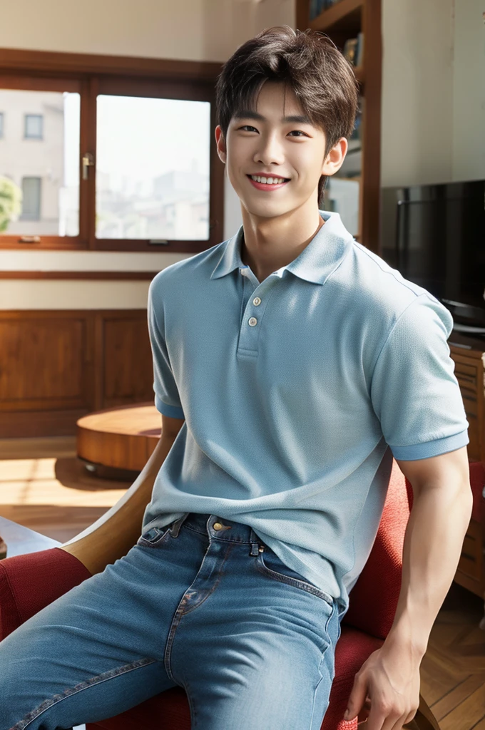 ((realistic daylight)) , (Young Korean man in a polo shirt) , Jeans, A handsome, muscular young Asian man looks at the camera.  , in the living room,turn sideways, smile