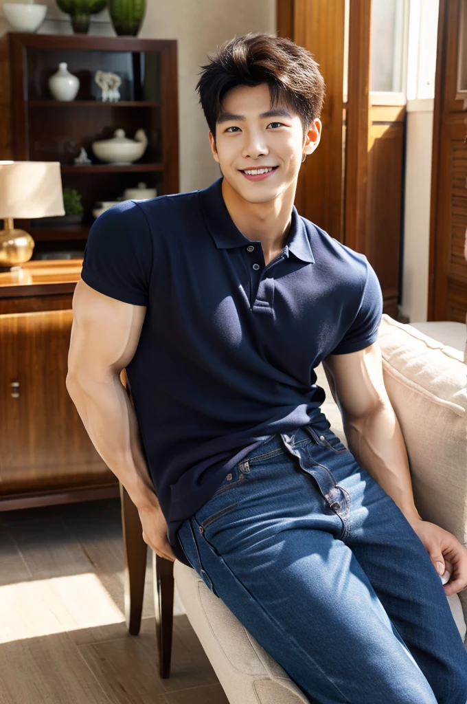 ((Highest quality, 8K, Masterpiece: 1.3))、Cool Thai man, 1A man who has、 yo、Good appearance、Beautiful nose、smile、 Detailed eyes and face、beautiful light、(studio)、high resolution、(Look at the viewer.)、Fine mouth、smile、whole body: 1.5, perfect shape: 1.3, Picture of both shoulders:1.3, Gray round neck t-shirt:1.5